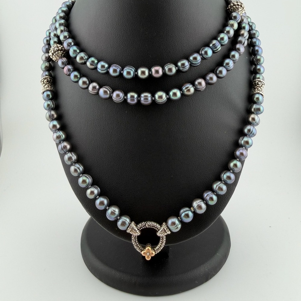 Barbara Bixby Peacock Black Pearl Necklace Sterling Silver Floral Toggle Clasp